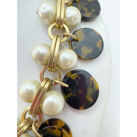 J. Crew Faux Pearl Chunky Necklace Tortoise Shell Dangles Brushed Gold Tone - Picture 5 of 8